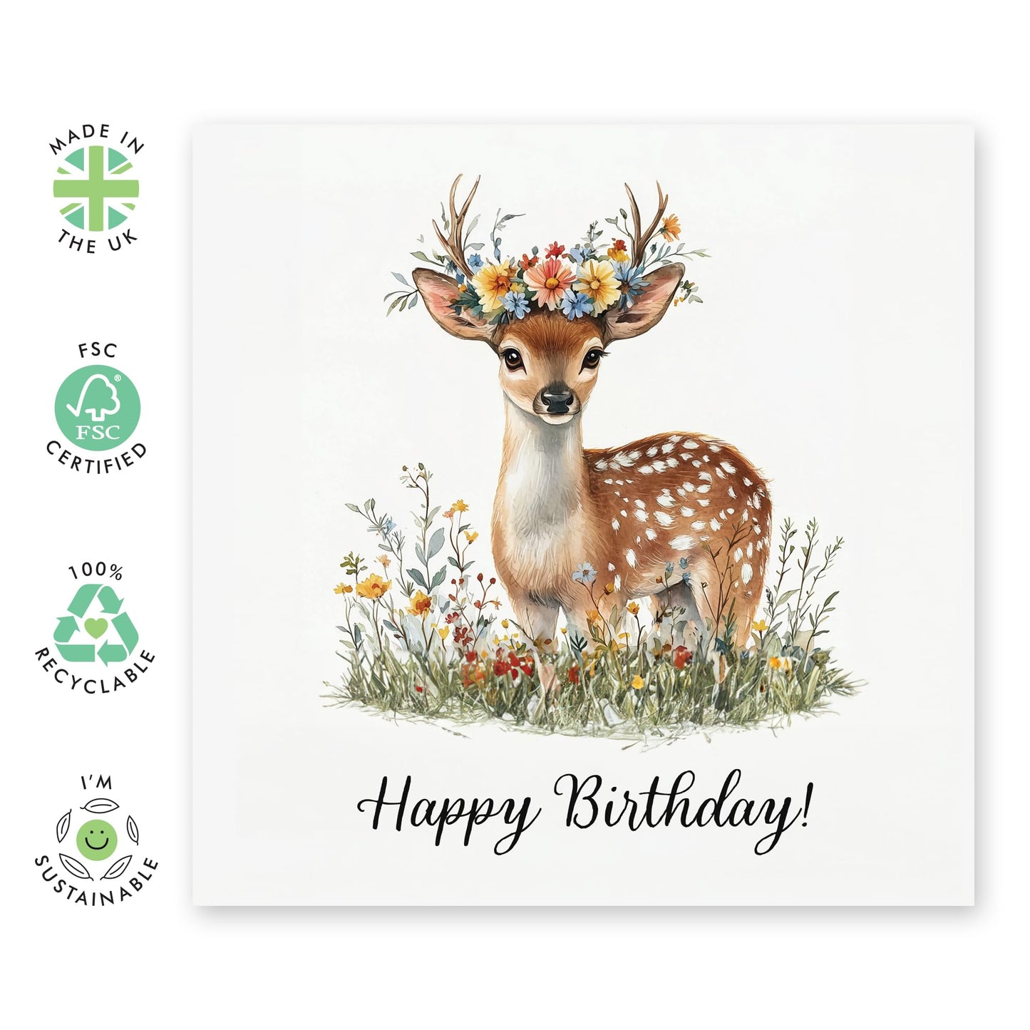 Cute Deer Birthday Card - 'Birthday Floral Deer' - Gifts for Her, Grandma, Mum, Wife, Girlfriend, Ladies, Sister, Auntie - Make A Wish - Comes with Fun Stickers