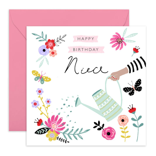 Floral Birthday Card For Niece - Watering Can - Flower Cards And Envelopes - Sweet Greeting Cards For Women Female Girls - Gifts For Her - Comes With Stickers By Central 23