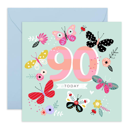 Butterfly Birthday Card For Nan - Elegant Flower Cards - 90th Birthday Cards For Women - Happy 90th Bday Gifts Aunt Mum Grandma - Ninety Year Old - Comes With Fun Stickers - By Central 23
