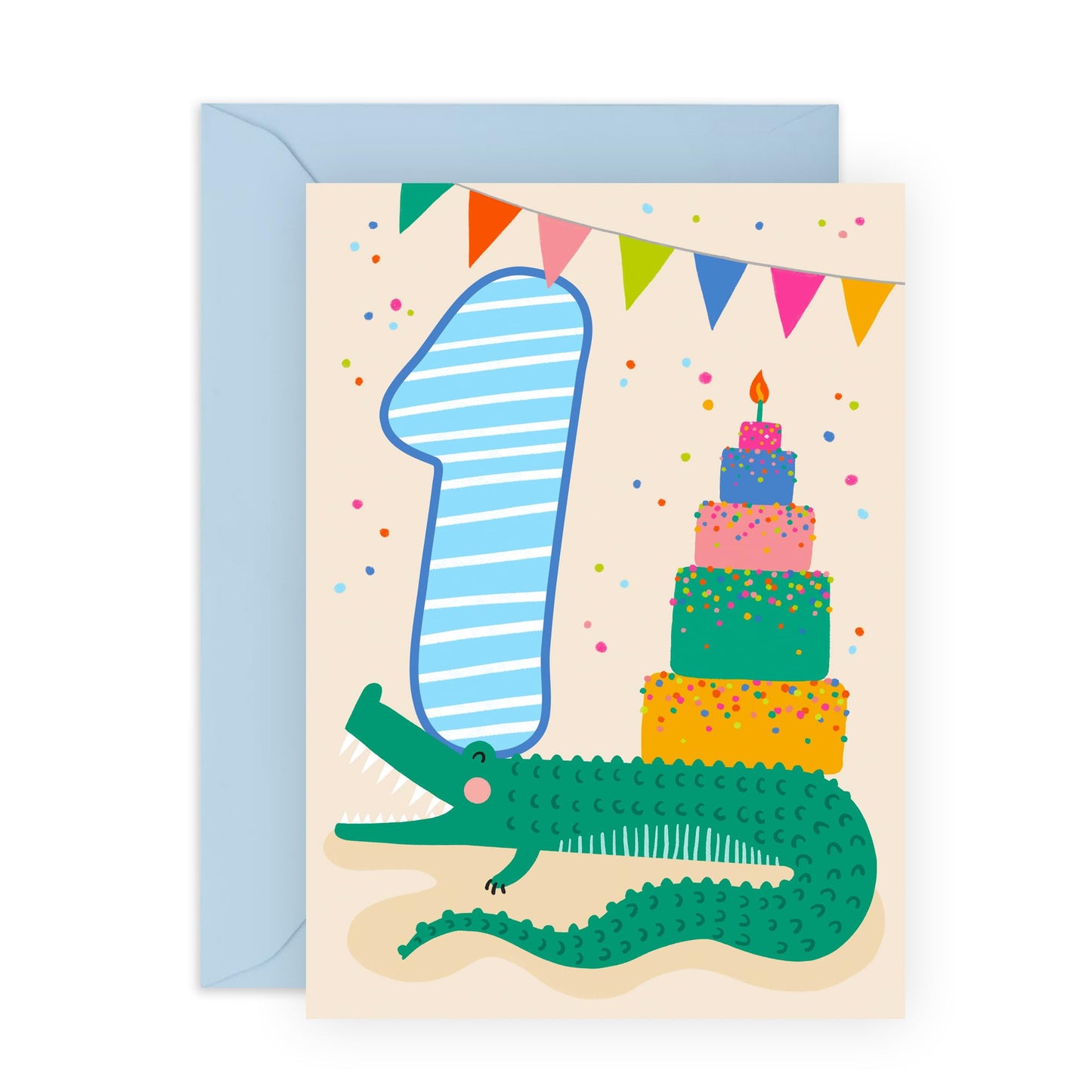 Happy First Birthday Card Girl Boy - Bday Cake And Crocodile - 1st Birthday Cards For Kids Baby Toddlers - Gifts For Godson Granddaughter Niece Age One - Comes With Cute Stickers By Central 23