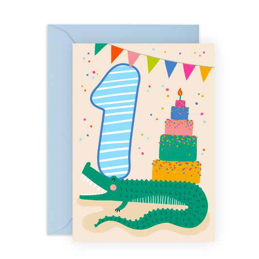 Happy First Birthday Card Girl Boy - Bday Cake And Crocodile - 1st Birthday Cards For Kids Baby Toddlers - Gifts For Godson Granddaughter Niece Age One - Comes With Cute Stickers By Central 23