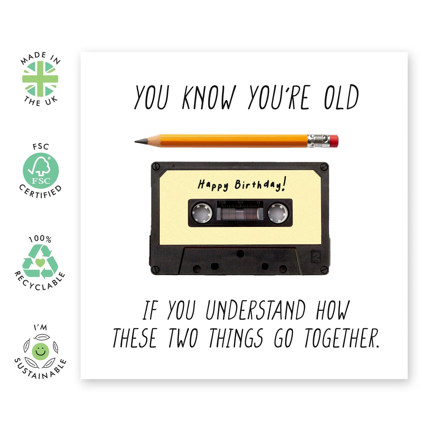 Greeting Card - 'CASSETTE AND PENCIL' - Perfect for Nostalgia Lovers - Ideal for Celebrating Milestones or Just Saying Hi - Adds a Retro Touch to Any Occasion - Comes With Stickers By Central 23