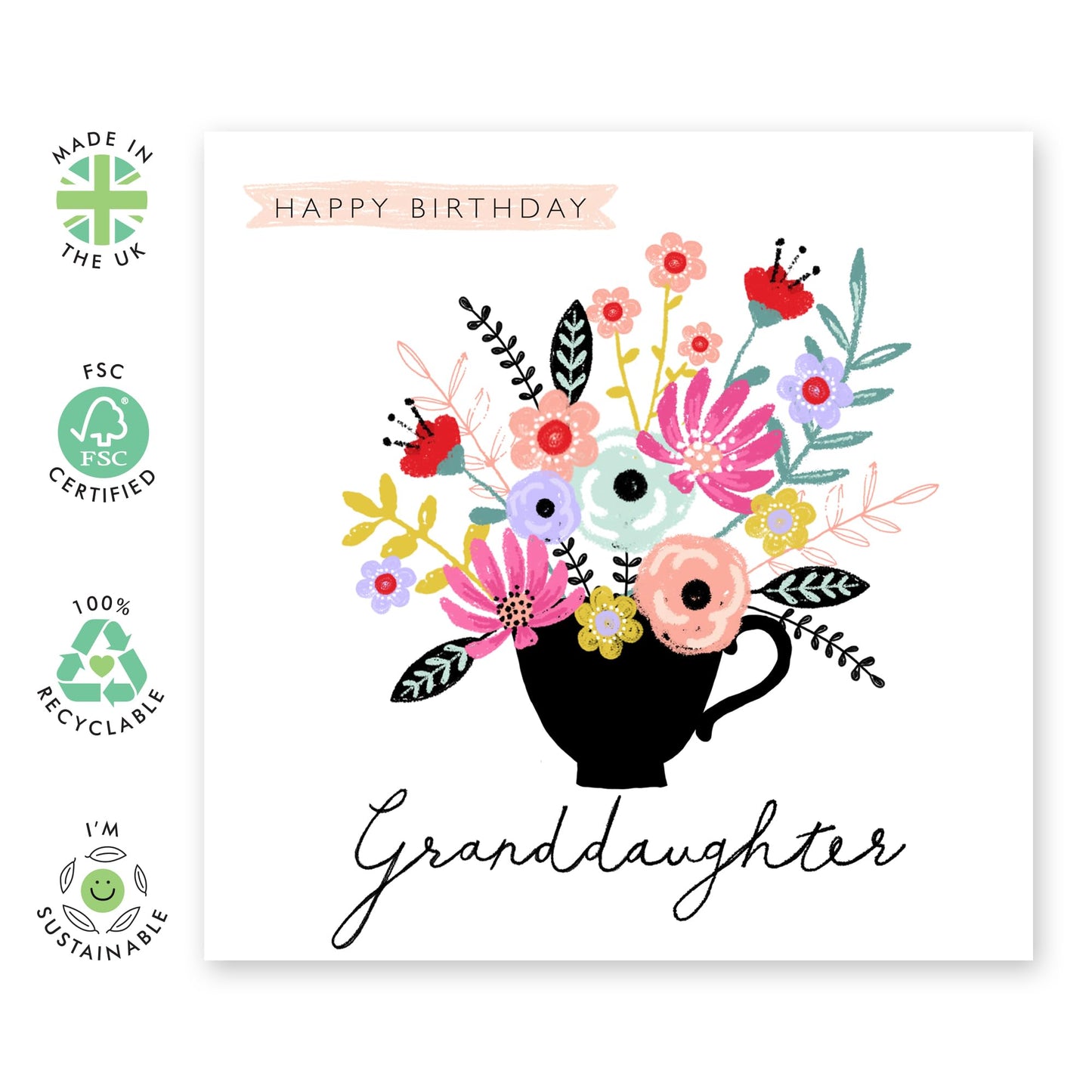 Flower Bouquet Card For Girls Teens - Granddaughter Birthday Card For Her - Elegant Floral Card For Women - Pretty Granddaughter Gifts - Comes With Fun Stickers - By Central 23