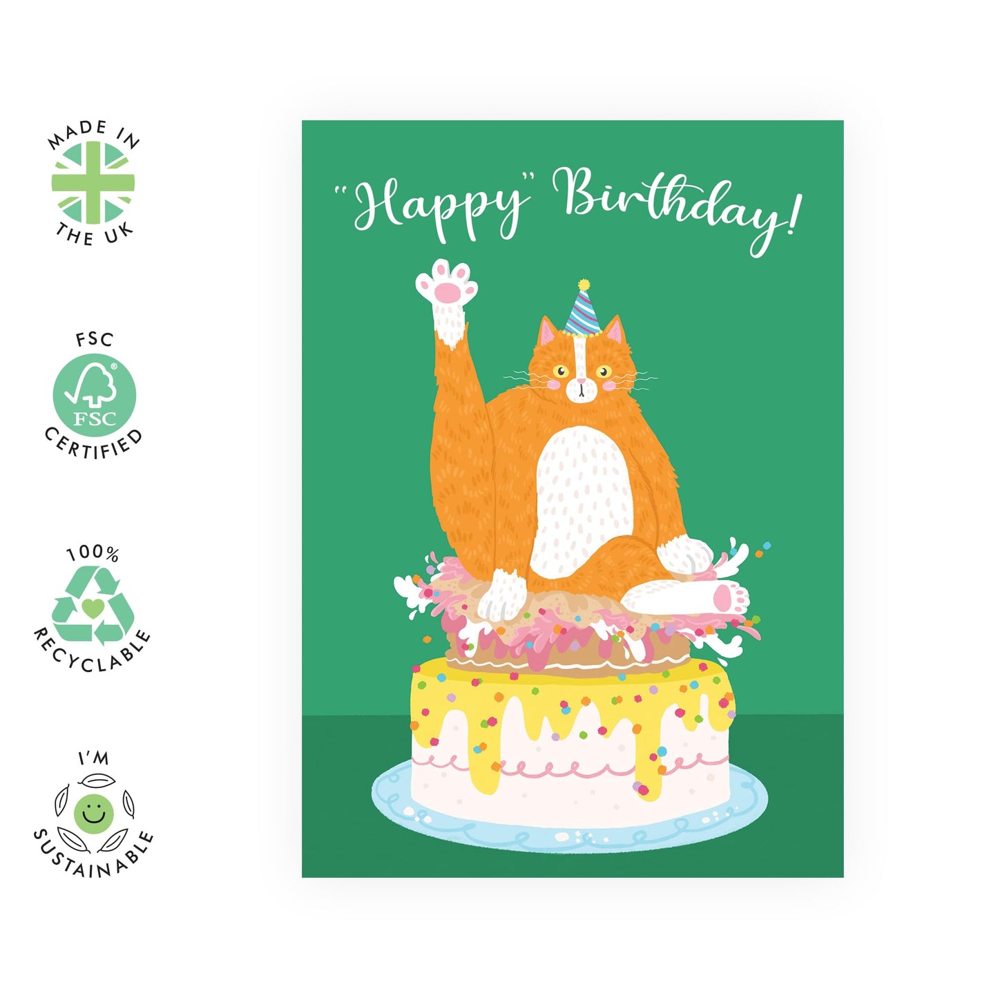 Happy Birthday Cards For Her Him - Happy Birthday Cat Squished Cake - Animal Greeting Card For Kids - Birthday Card For Men Women - Gifts For Brother Sister - Comes With Fun Stickers - By Central 23
