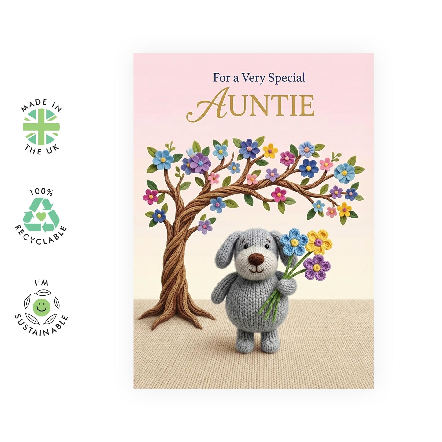 Auntie Mother’s Day Card – Cute Crochet Dog With Flowers for Aunt Aunty Her Ladies Women From Niece Nephew Family – Keepsake Greeting Mothering Sunday -Comes with Sweet Stickers