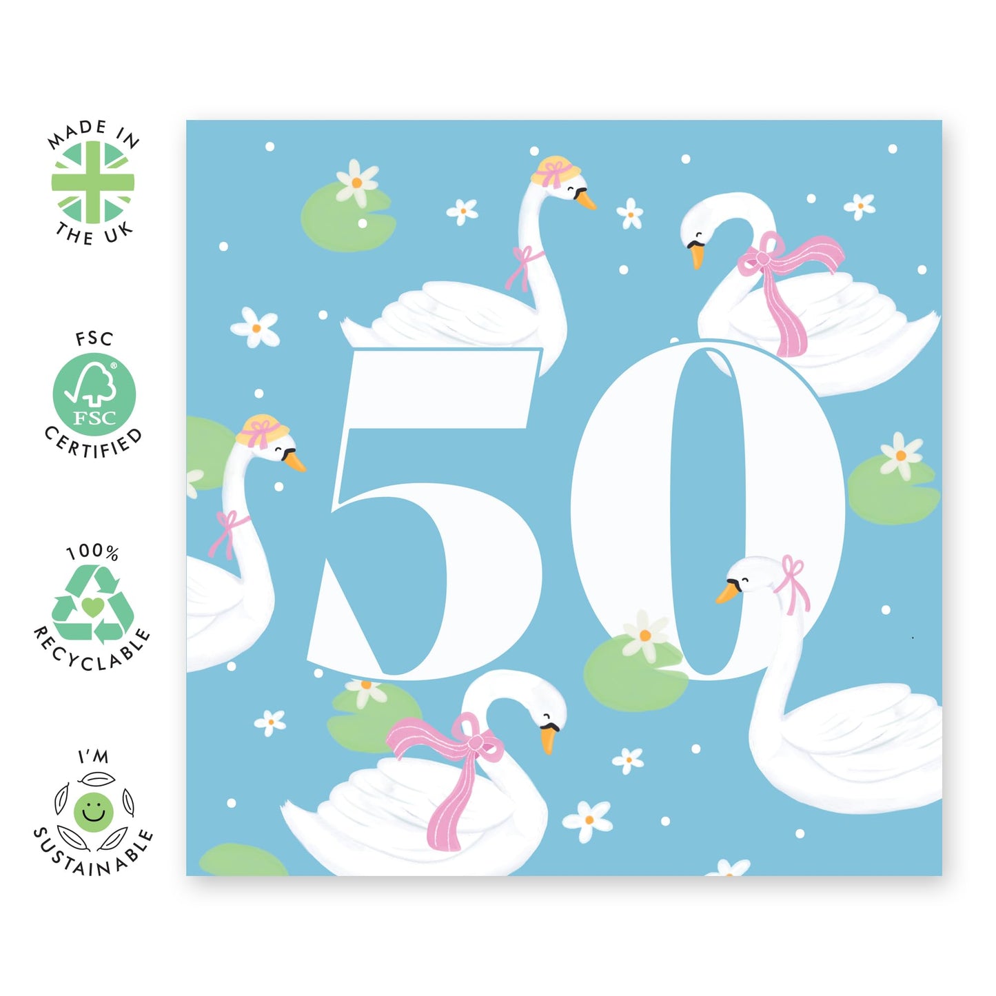 50th Birthday Card For Women - Swan 50 - Mummy Birthday Card - Wife Mum - Sister - Happy Fiftieth Birthday Greeting Card Female Friends - Comes With Stickers By Central 23