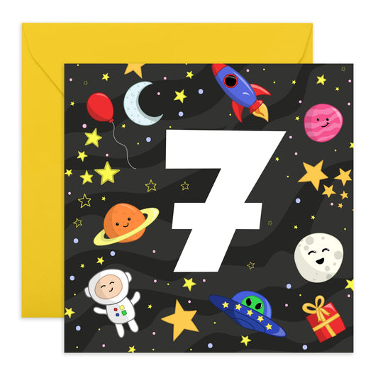 7th Birthday Card Boys Girls- 7 Space - Toddler Milestone Cards Age Seven Year Old - Seventh Birthday Card - Gift For Son Daughter Niece Nephew - Card From Mum Dad - Comes With Sticker By Central 23