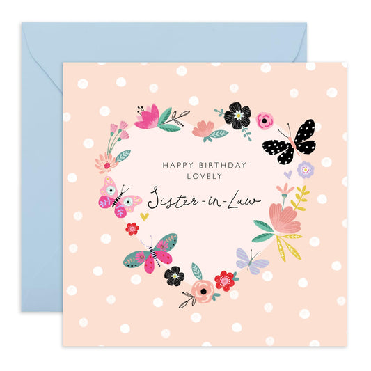 Sweet Sister In Law Birthday Card - Lovely Flower Card For Women - Pretty Butterfly Hearts Polka Dots - Gifts For Her Female Sibling - Comes With Fun Stickers By Central 23
