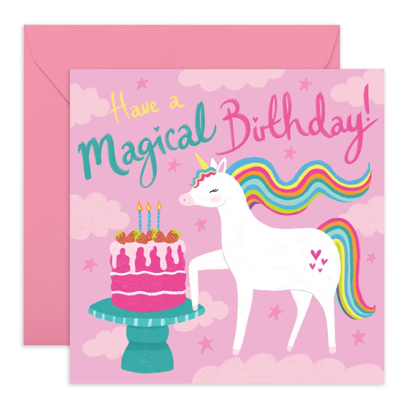 Cute Magical Birthday Card - 'Magical Unicorn Birthday' -Presents for Girls, Kids, Daughters, Toddlers, Children, Granddaughter - Pink Cake - Comes with Fun Stickers