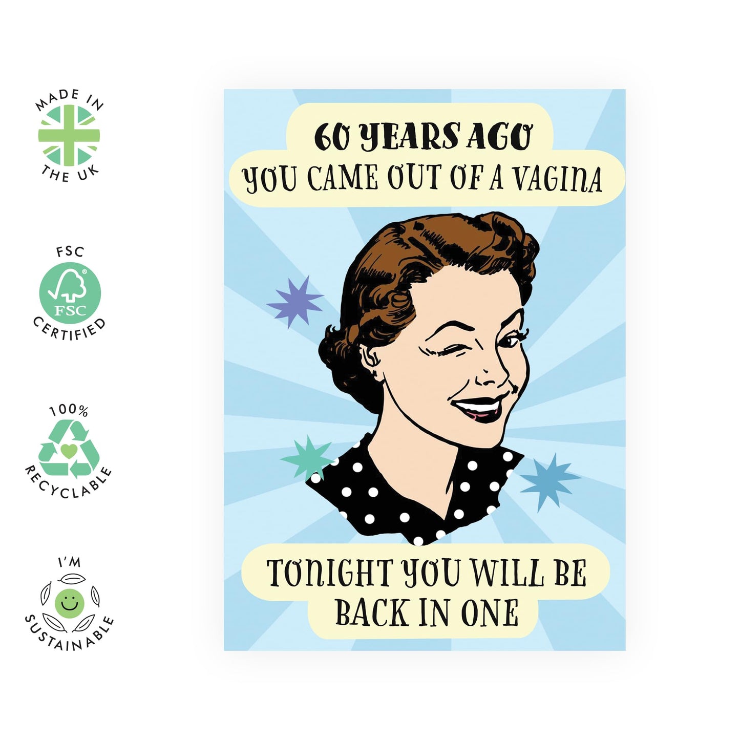 60th Birthday Card For Men Women - 60 Years Ago You Came Out Of A Vagina Vintage - Wife Husband - Happy Sixtieth Birthday Greeting Card Male Female Friends - Comes With Fun Stickers - By Central 23