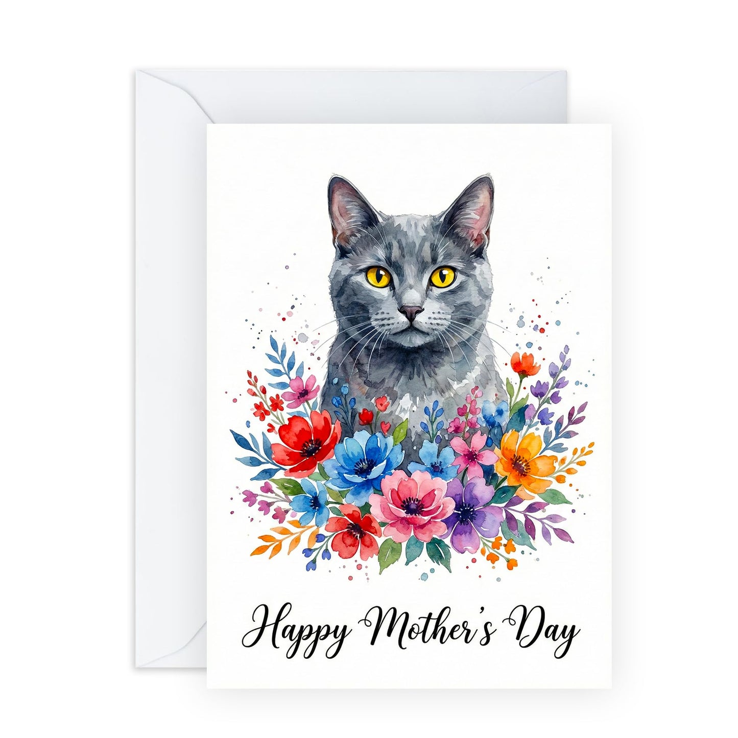 Funny Mother’s Day Card from the Cat - Cute Watercolor Grey Cat Floral Greeting Card for Cat Mum - Whimsical Birthday Card for Her - Made in UK - Includes Premium White Envelope