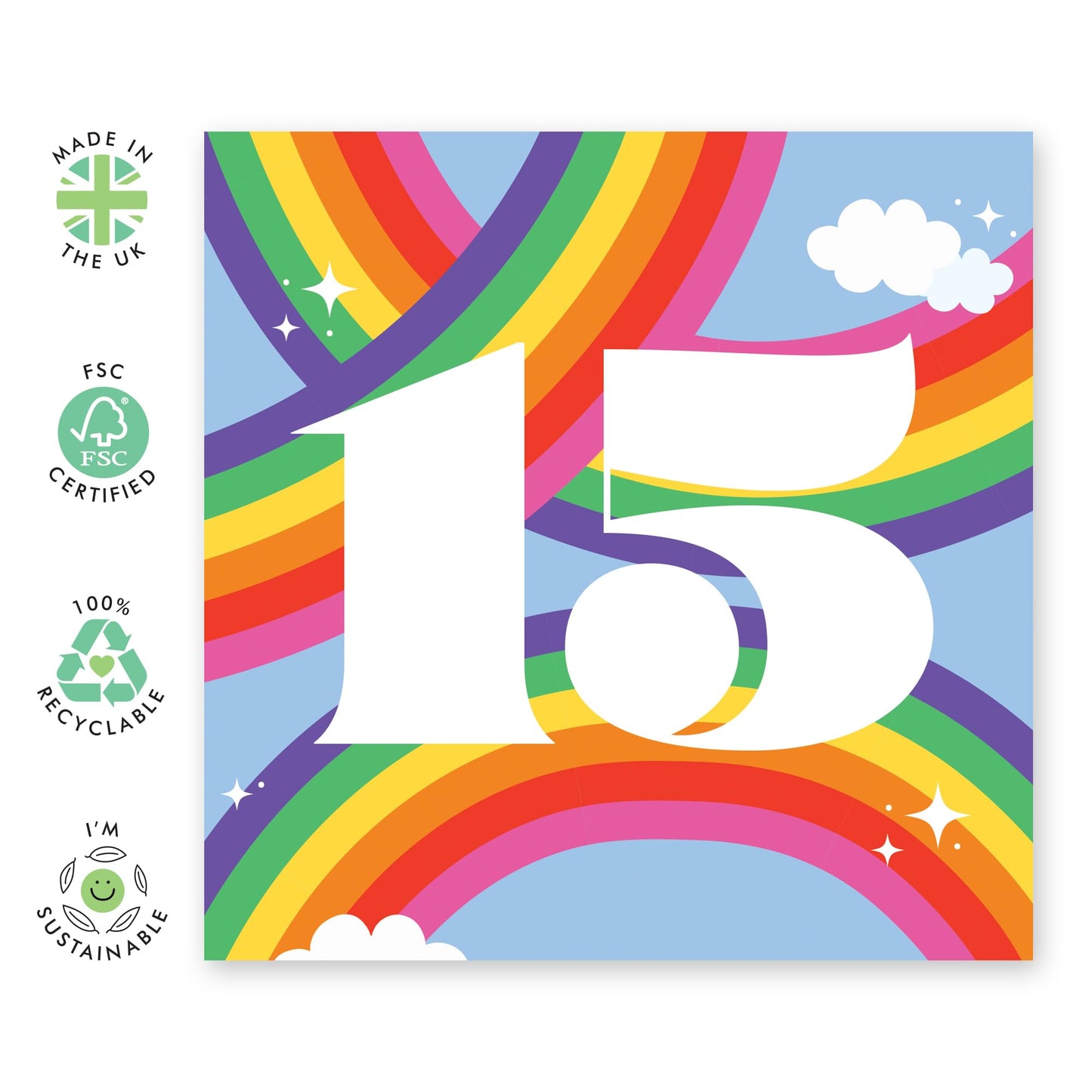 15th Birthday Card For Boys Girls - Rainbow Sky 15 - Happy Fifteenth Birthday Card For Teens - Rainbow - Gifts For Son Daughter - Bday Cards For Nephew Niece - Comes With Fun Stickers - By Central 23