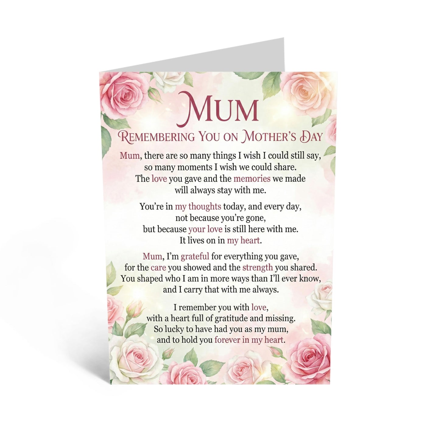 In Loving Memory Mother's Day Card - ‘Forever in My Heart’ Remembrance Poem - Memorial Greeting Card for Mum in Heaven - Pink Rose Floral Design - Includes Premium White Envelope