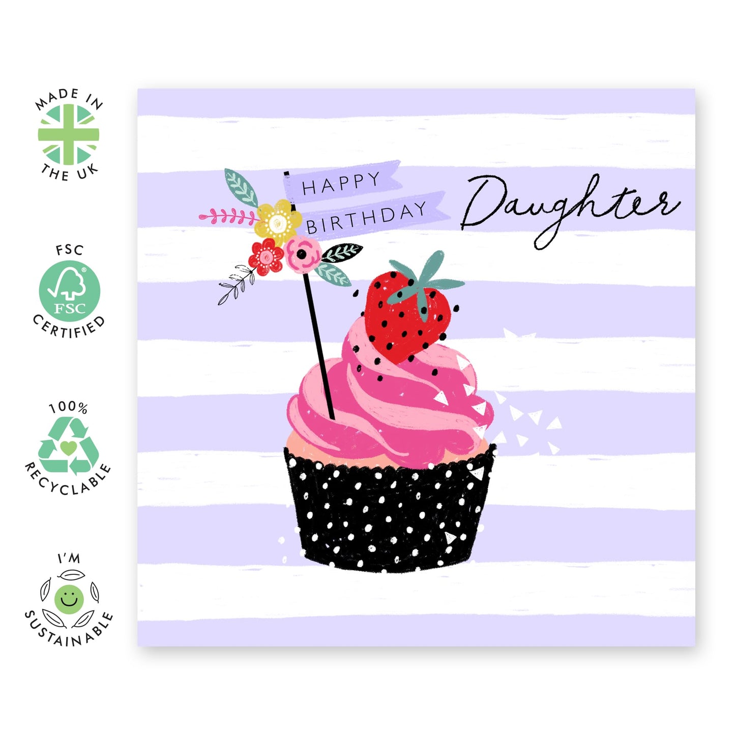 Happy Birthday Card For Daughter - Stripes Cupcake - Happy Birthday Greeting Cards And Envelopes For Women Female Teens - Purple Gifts For Girls - Comes With Cute Stickers By Central 23