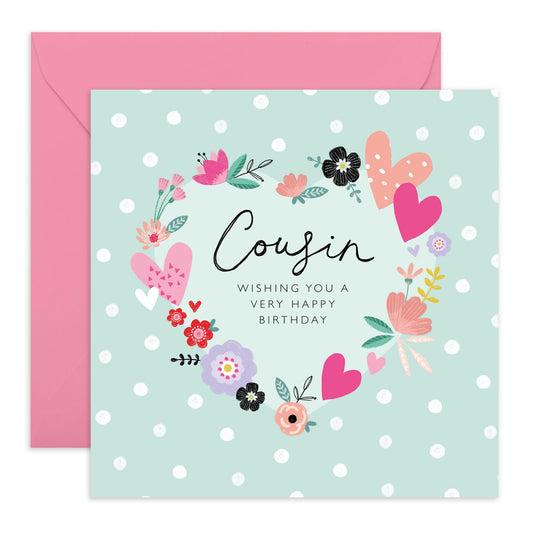 Cousin Birthday Cards For Her - Flowers Hearts - Happy Birthday Greeting Cards And Envelopes For Girls Ladies Female - Gifts For Women - Comes With Fun Stickers - By Central 23