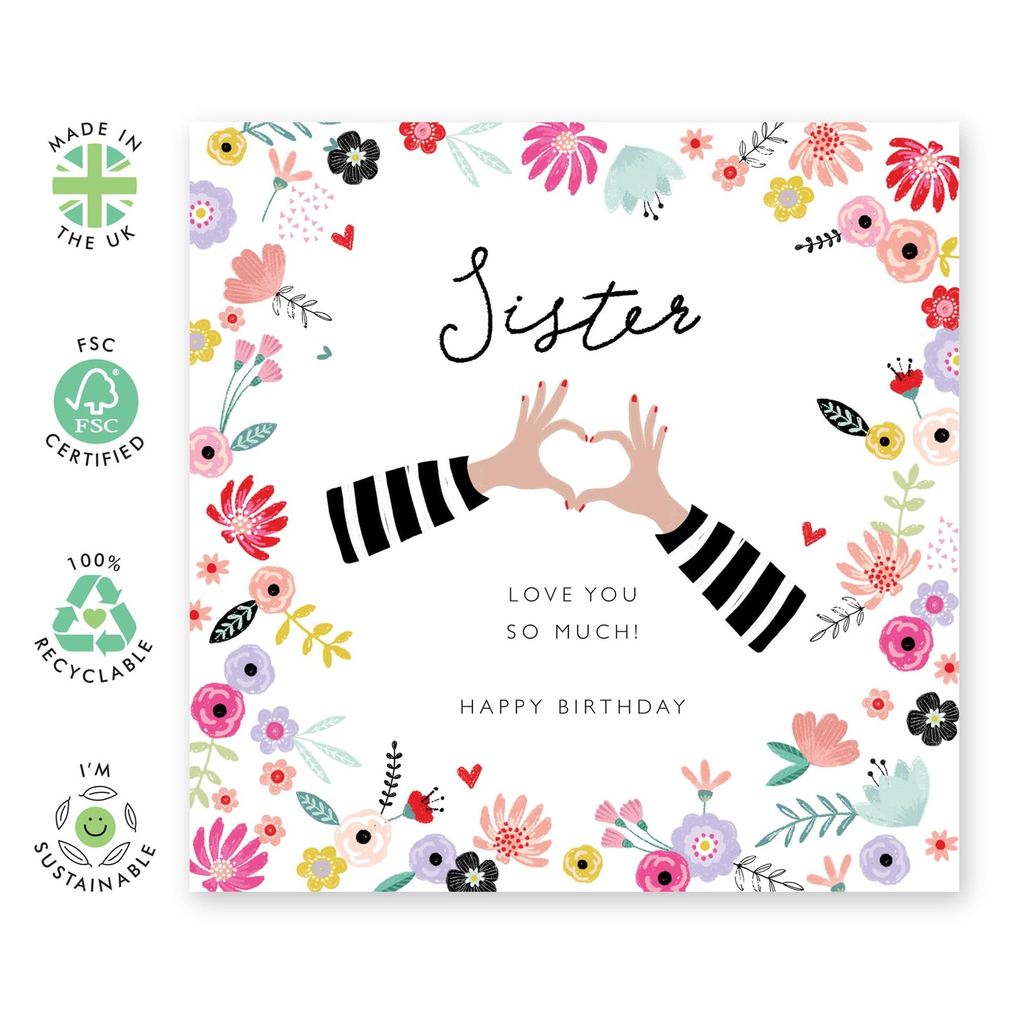 Happy Birthday Card For Sister - Heart Hands - Sweet Heartfelt Gifts Presents For Her - Sister Birthday Cards For Women - Floral Greeting Cards And Envelopes - Comes With Fun Stickers By Central 23