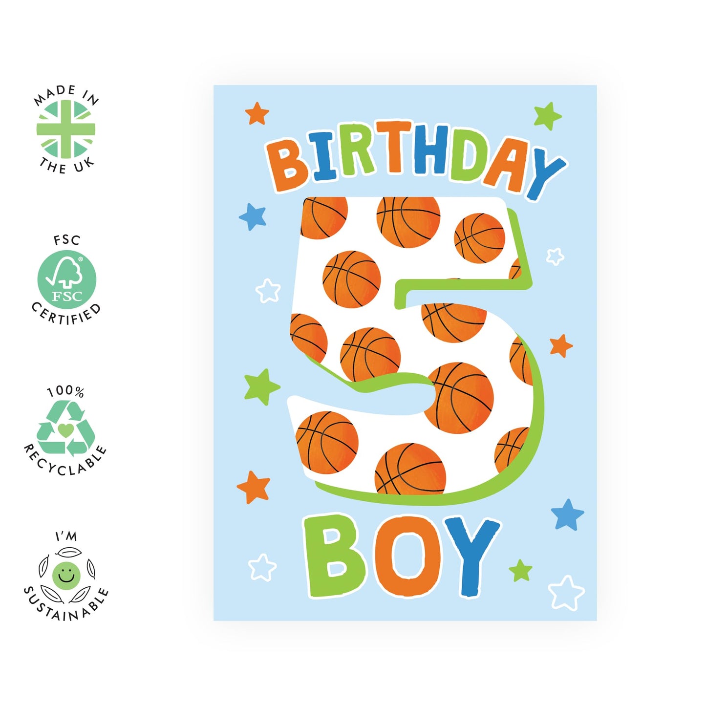 5th Birthday Card Boy Girl - Basketball Greeting Cards Age Five - Happy Fifth Birthday Cards For Kids Toddler - Milestone 5 Year Old Gifts For Him Her - Comes With Cute Stickers By Central 23