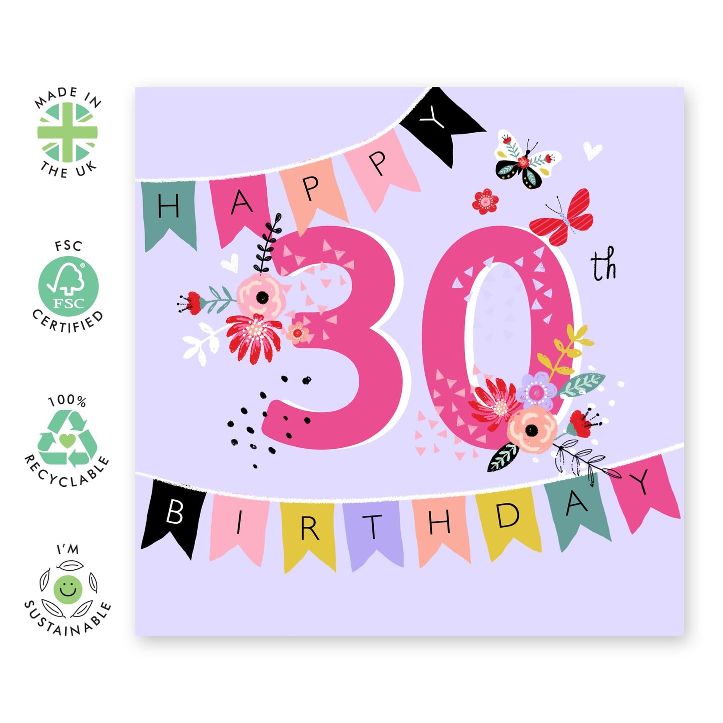30th Birthday Card For Women - 30th Birthday Bunting - Wife Mum Mummy - Gift From Husband Daughter Niece - Happy Thirtieth Birthday Greeting Card - Bday Card - Comes With Stickers By Central 23