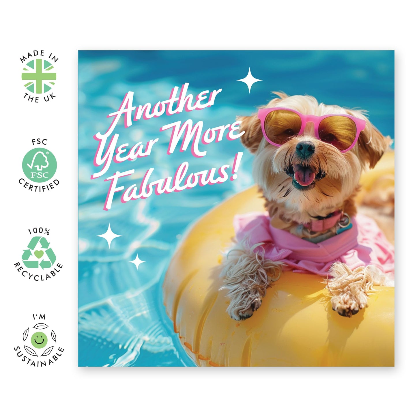 Dog in the Pool Birthday Card - 'Another Year Fab' - Birthday Gifts for Wife, Girlfriend, BFF, Sister & Her - Fabulous & Beautiful - Comes with Fun Stickers