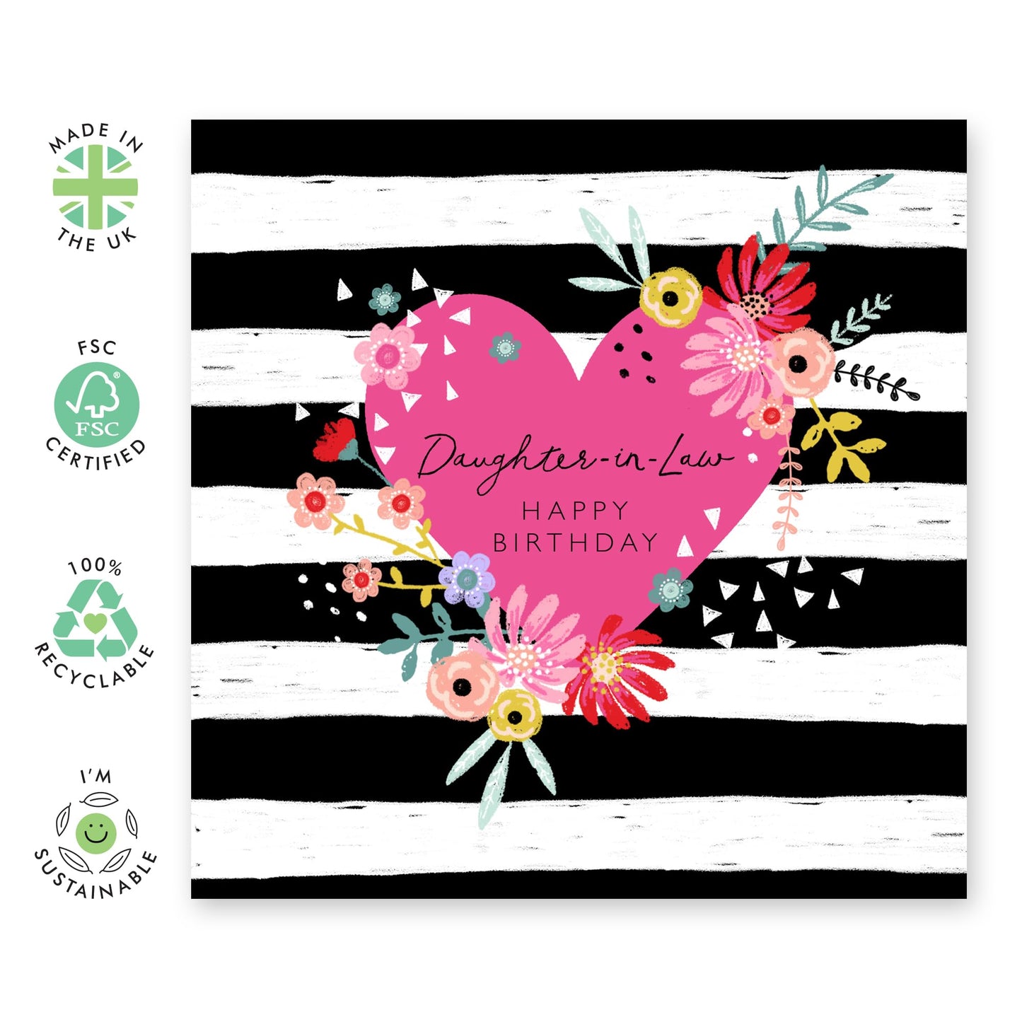 Birthday Card For Daughter In Law - Pretty Greeting Card For Women - Flowers Hearts And Stripes - Sweet Heart Gifts For Daughter-in-law - Comes With Cute Stickers - By Central 23