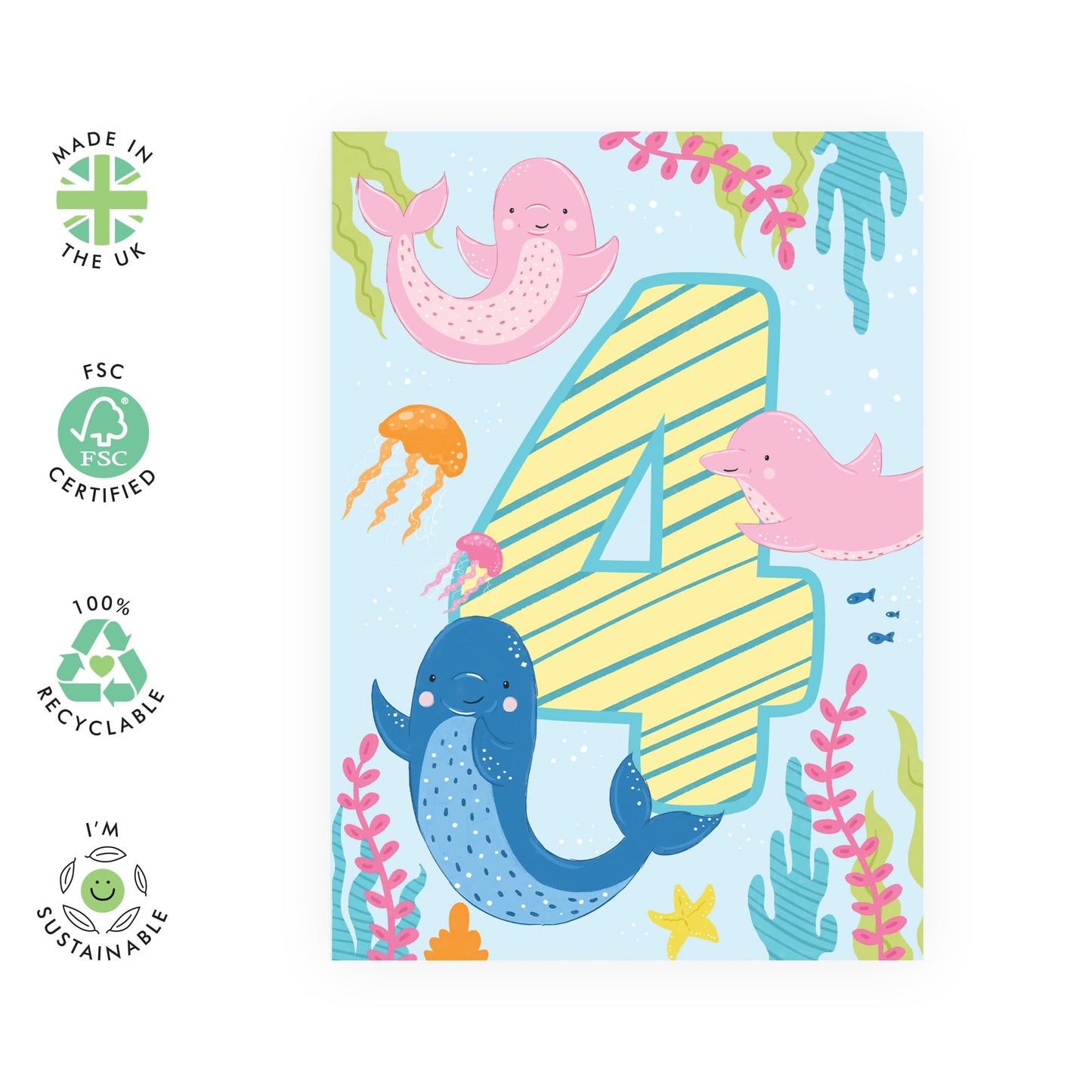 4th Birthday Card Girl Boy - Cute Dolphins Pink Blue Green - Fourth Birthday Card - Milestone Kids Age Card - Four Year Old Gifts For Toddler - Comes With Fun Stickers By Central 23
