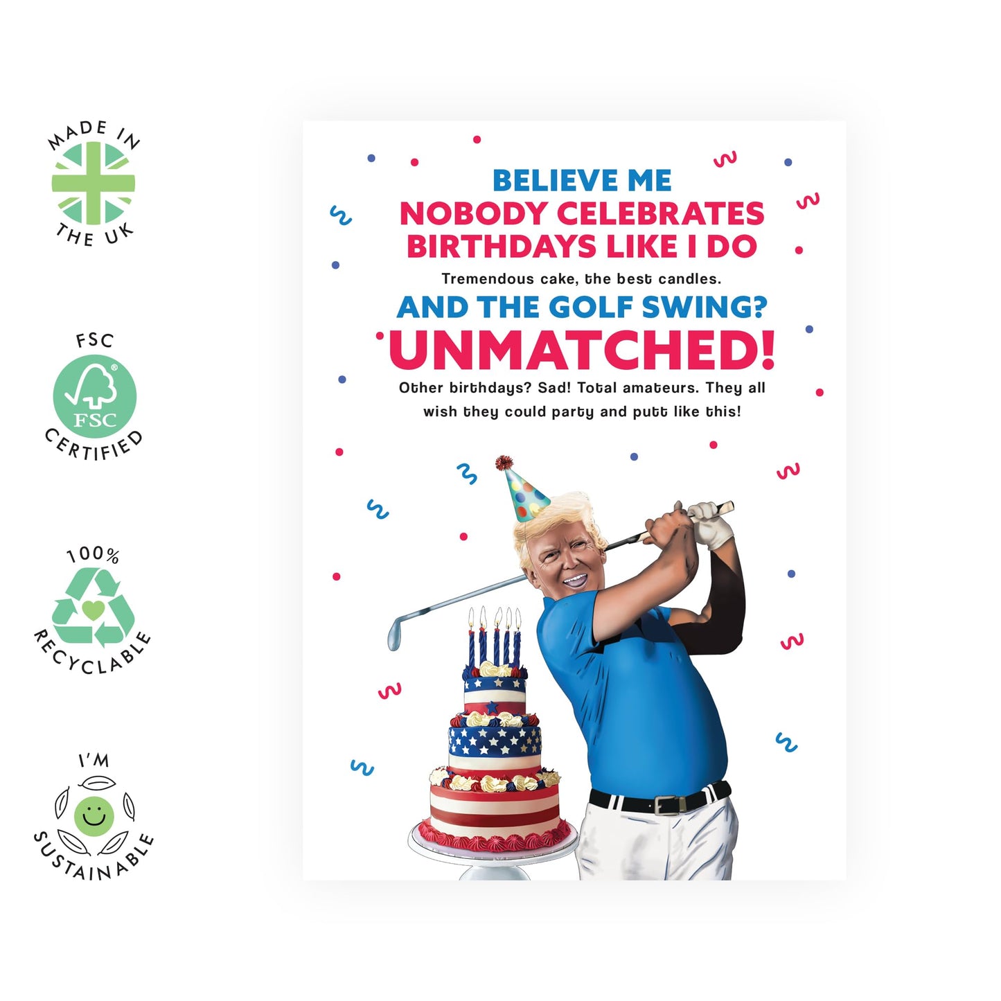 CENTRAL 23 Funny Trump Birthday Card - Golf and USA Cake Theme - Hilarious Greeting for Golfers, Friends, Him, Her, Women, Men, Dad, Uncle, Colleagues or Family - Blank Inside with Red Envelope