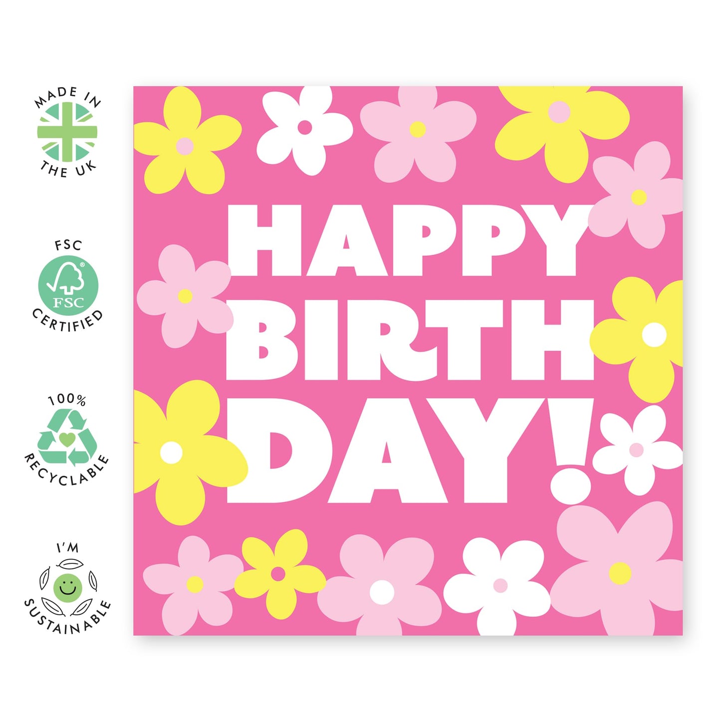 Bright Floral 'Happy Birthday!' Card - Cheerful Greeting Card for Friends, Family, or Loved Ones - Presents for Women or Girls - Blank Inside with Premium Pink Envelope