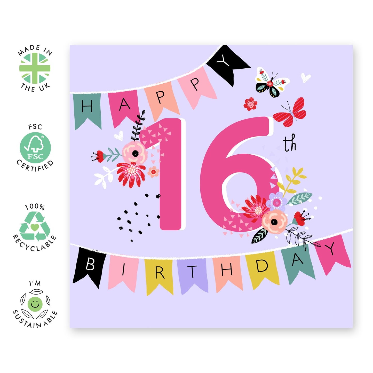 Sixteen Birthday Cards For Kids - 16th Birthday Bunting - Girl Birthday Card 16th Year Old - Bday Card - Happy Birthday Card For Daughter Granddaughter Niece - Comes With Stickers By Central 23