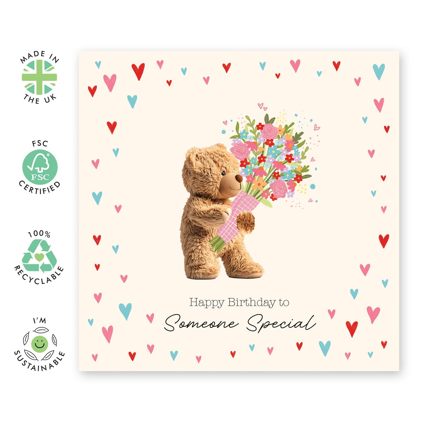 Cute Birthday Card - 'Birthday Someone Special Bear' - Gifts for Him, Her, Wife, Husband, Boyfriend, Girlfriend, Close Friend - Flowers & Hearts - Comes with Fun Stickers