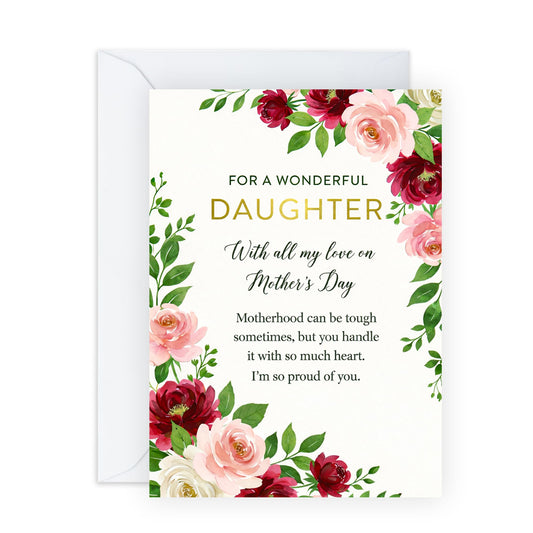 Daughter Mother’s Day Card – "Proud of You" - With All My Love Floral Rose Design for Her Child From Mum Dad Parent – Appreciation Greeting - Comes with Sweet Stickers