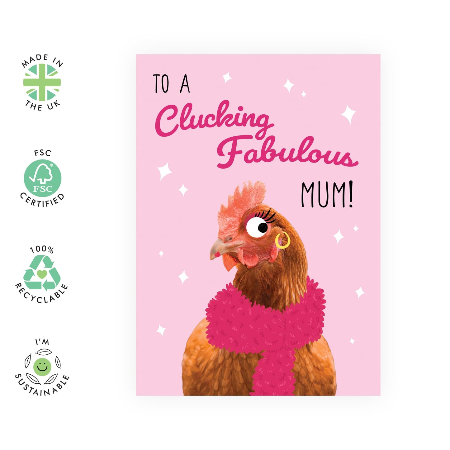 Fab Birthday Card for Mother - 'Fabulous Chicken Mum' - Gifts for Her, Women, Mama, Mummy - Earings & Scarf - Comes with Fun Stickers