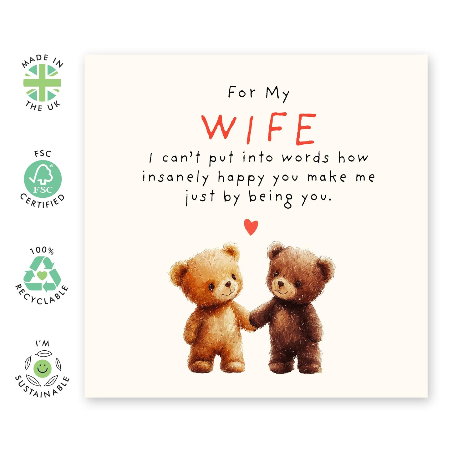 Love & Anniversary Card For Wife - 'Wife Teddy Bear' - Romantic Gifts for Her, Other Half, Partners, Married Couples, Babe -Holding Hands - Comes with Fun Stickers