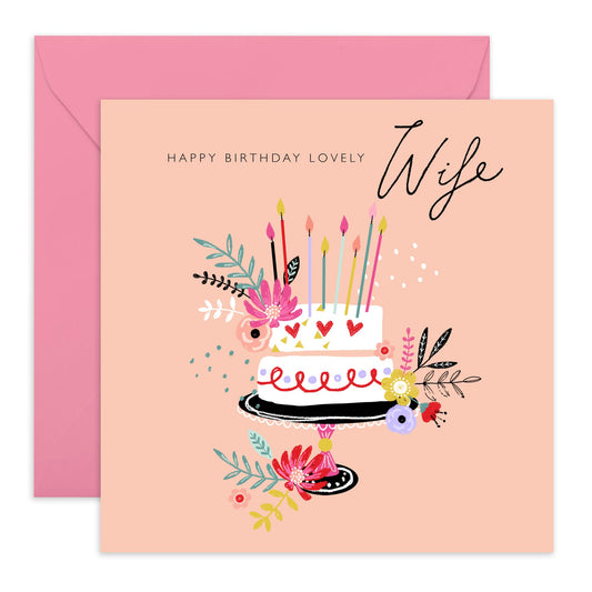Happy Birthday Cards For Wife - To My Lovely Wife - Sweet Wife Birthday Cards Floral - Bday Cake - Tendy Greeting Cards From Husband - Wife Gifts For Women - Comes With Cute Stickers By Central 23