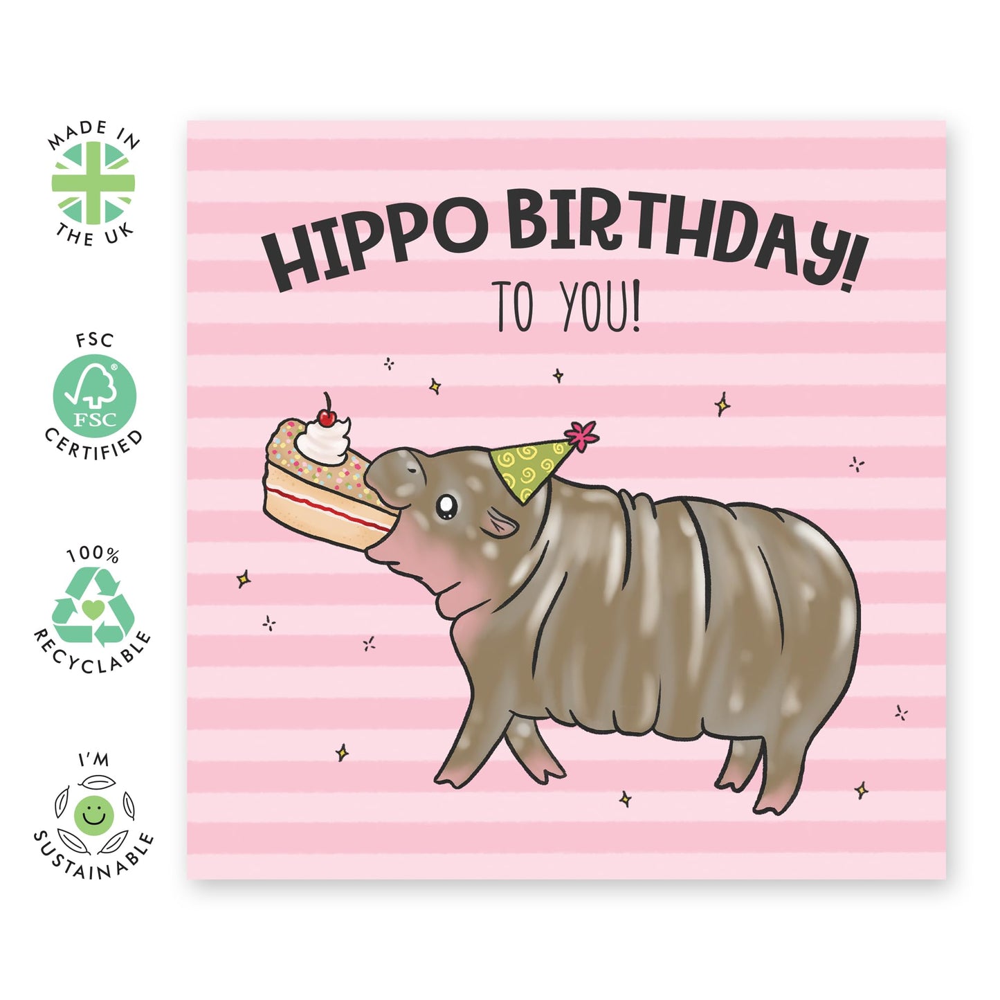 Party Ready Hippo Birthday Card - 'Hippo Birthday Baby Hippo' - Gifts for Girlfriend, Bestie, Girls, Co-worker, Colleague, Sister, Sis, Auntie - Devouring Your Cake - Comes with Fun Stickers