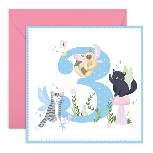 Three Years Old Girl Birthday Card - Fairy Cat 3 Years - Birthday Cards For Daughter - Happy 3rd Birthday Card Niece - Cousin Birthday Card Female - Toddlers - Comes With Fun Stickers - By Central 23
