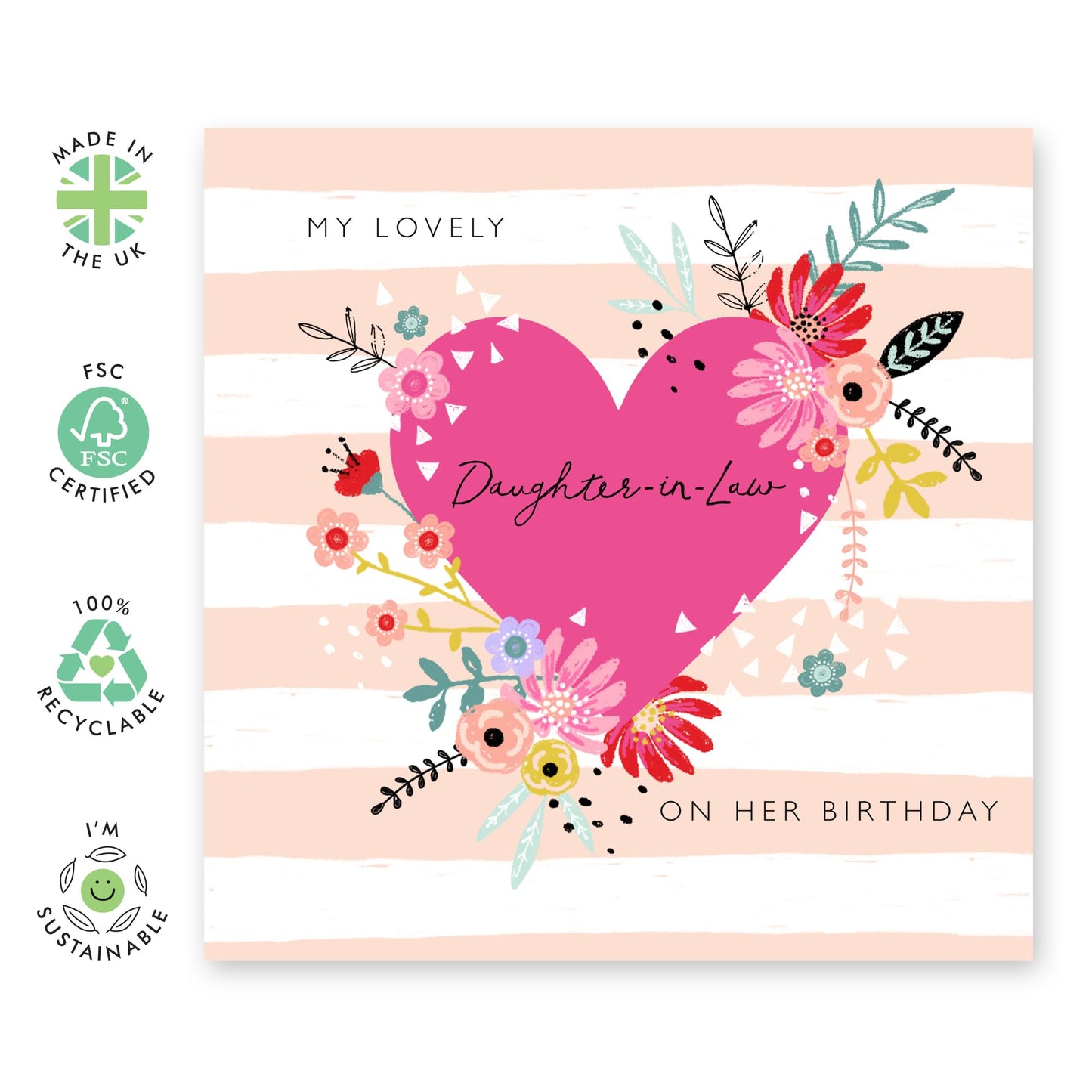Daughter-In-Law Birthday Card - Floral Hearts - Pretty Pink Greeting Cards For Women - Gifts For Her Female - Comes With Cute Stickers - By Central 23