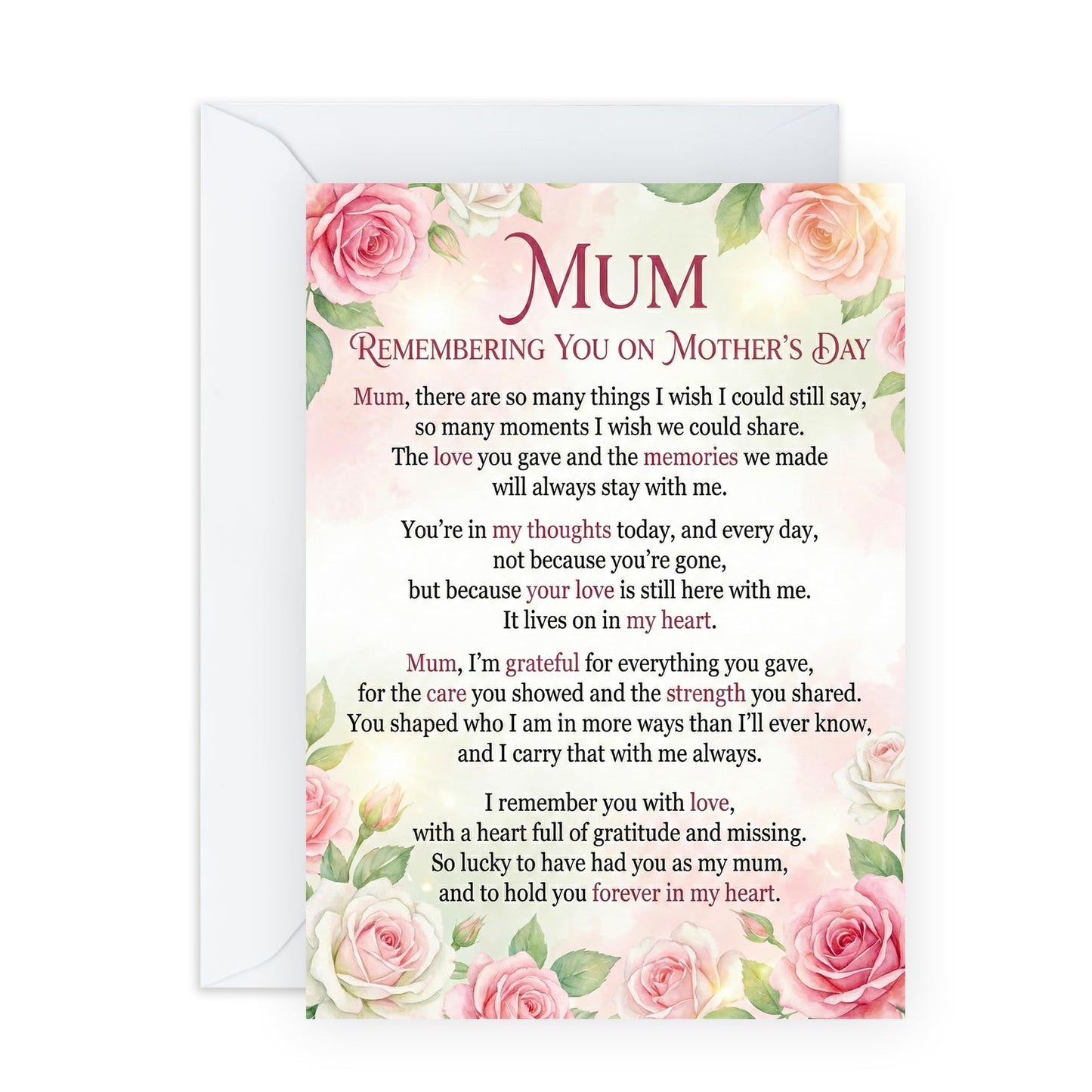 In Loving Memory Mother's Day Card - ‘Forever in My Heart’ Remembrance Poem - Memorial Greeting Card for Mum in Heaven - Pink Rose Floral Design - Includes Premium White Envelope