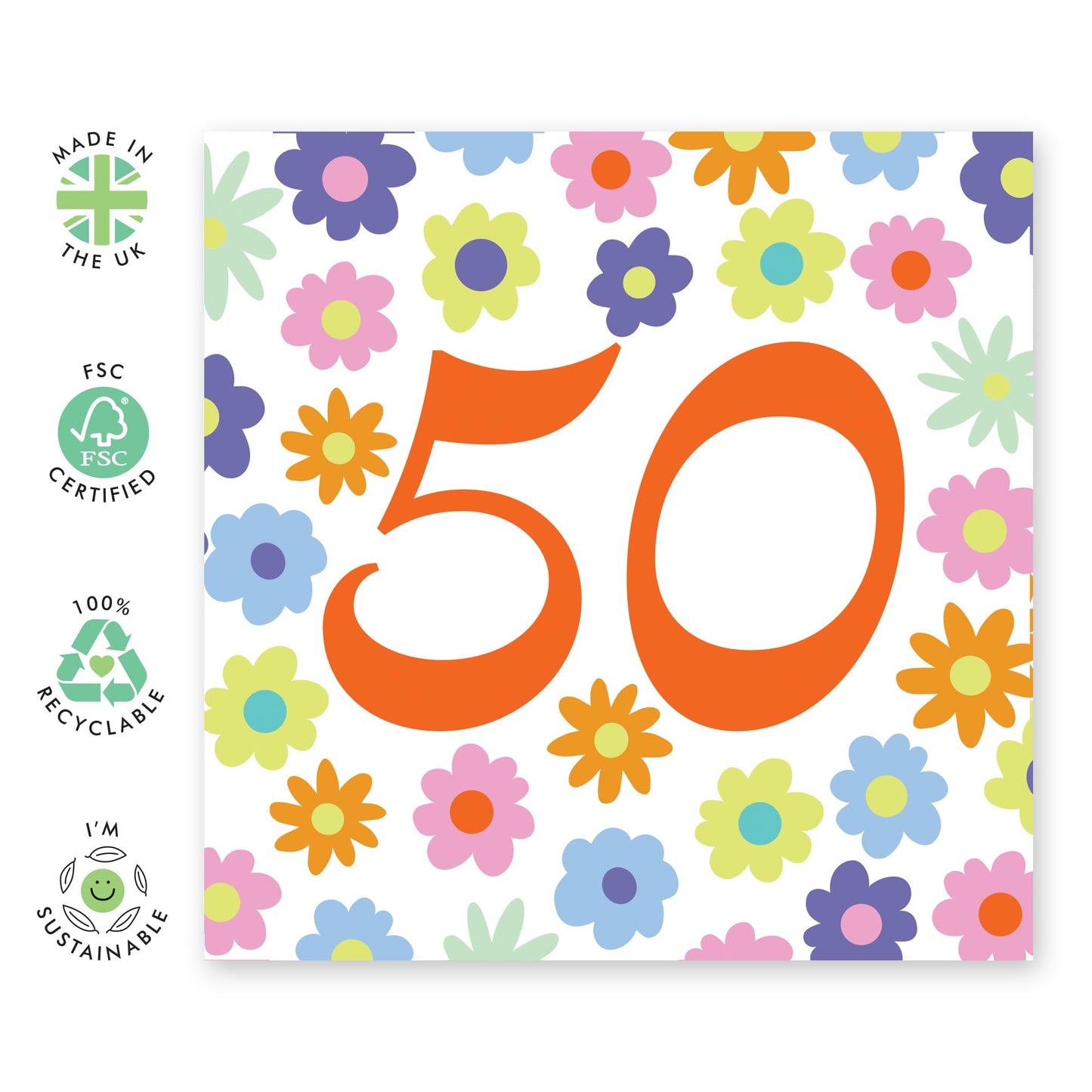 50th Birthday Card Women - Rainbow Floral 50 - Sweet Birthday Card - Wife Mum - Sister - Rainbow - Happy Fiftieth Birthday Greeting Card Friend - Grandmother - Comes With Fun Stickers - By Central 23