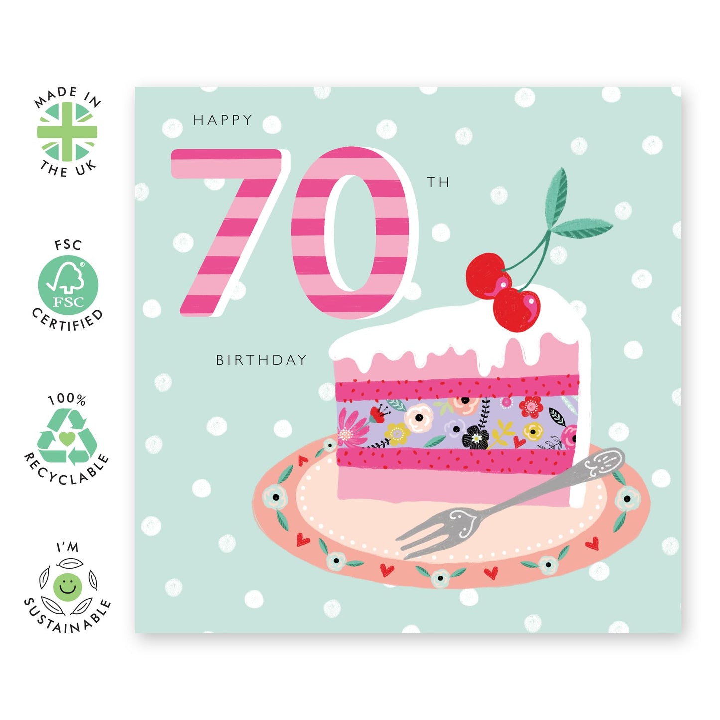 Mum Birthday Card 70th Birthday - Cherry Cake - Pretty Birthday Cards For Women - Age 70 - Greeting Card Gifts For Seventy Year Old - Comes With Stickers And Envelope - By Central 23