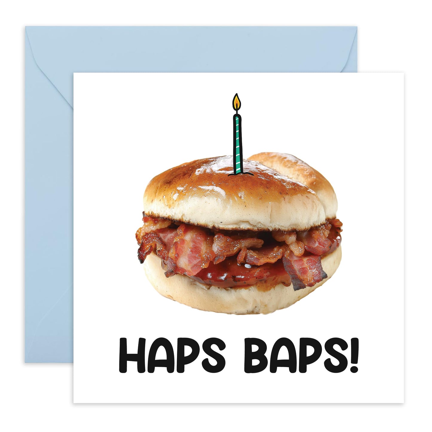 Burger Cake Birthday Card - 'Haps Bacon Baps' - Gifts for Friends, Family, Co-worker, Colleagues, Bestie, Neighbours, Bruv, Mate, Buddies - Greasy Yummy - Comes with Fun Stickers
