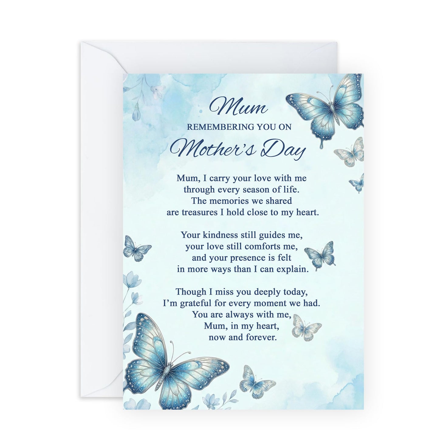 Memorial Mother’s Day Card – Remembering You Mum, Butterfly Design for Mama Mummy Her Ladies Women From Daughter Son Family – Blue Watercolour Remembrance Message -Comes with Stickers