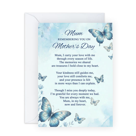 Memorial Mother’s Day Card – Remembering You Mum, Butterfly Design for Mama Mummy Her Ladies Women From Daughter Son Family – Blue Watercolour Remembrance Message -Comes with Stickers
