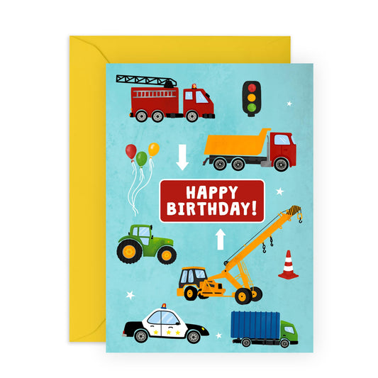 Boys Birthday Cards - Vehicles Police Car Fire Engine Trucks - Kids Birthday Card - Greeting Cards For Son Brother Nephew Grandson - 1st 2nd 7th Birthday - Comes With Stickers - By Central 23