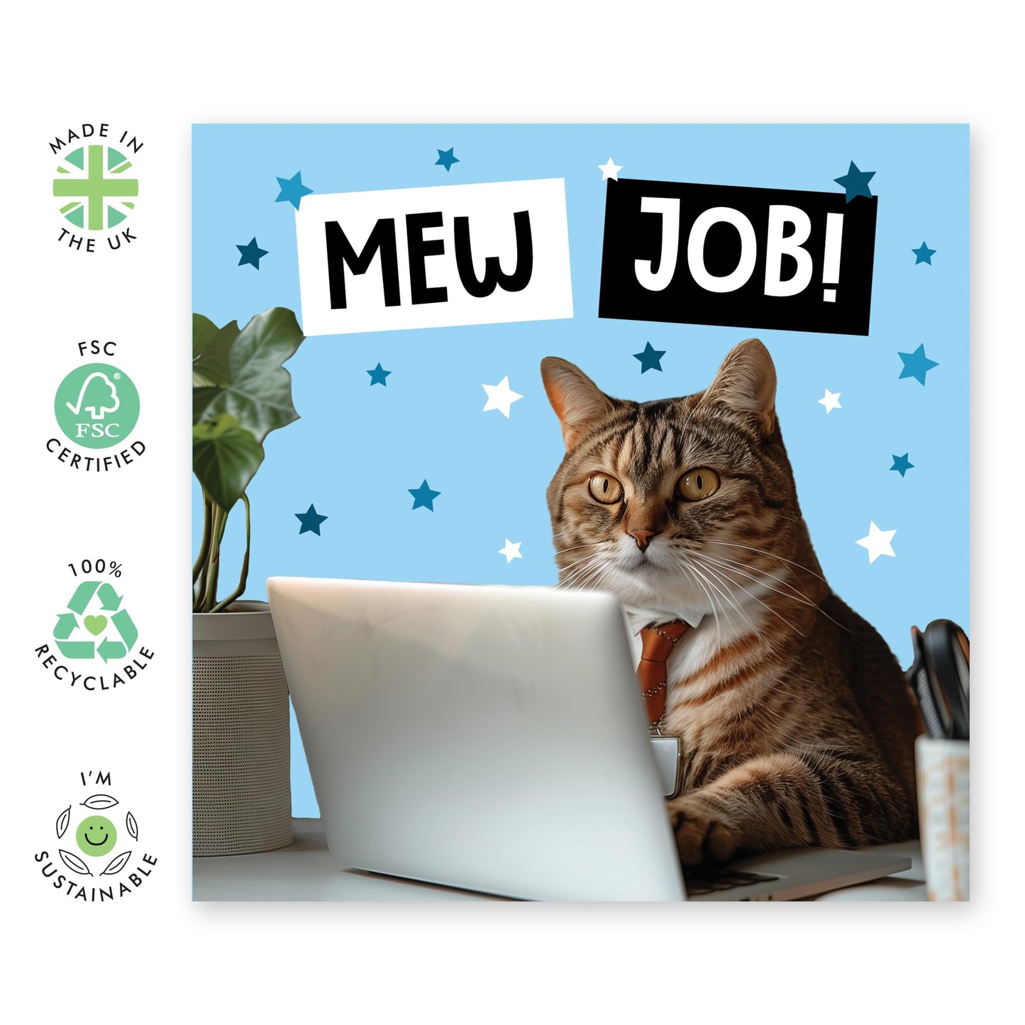 Cute Congratulations Card - 'Mew Job - Cat Greeting to Coworkers, Friends, Buddy, Officemate, Employee, Colleagues - Office Cat - Comes with Fun Stickers