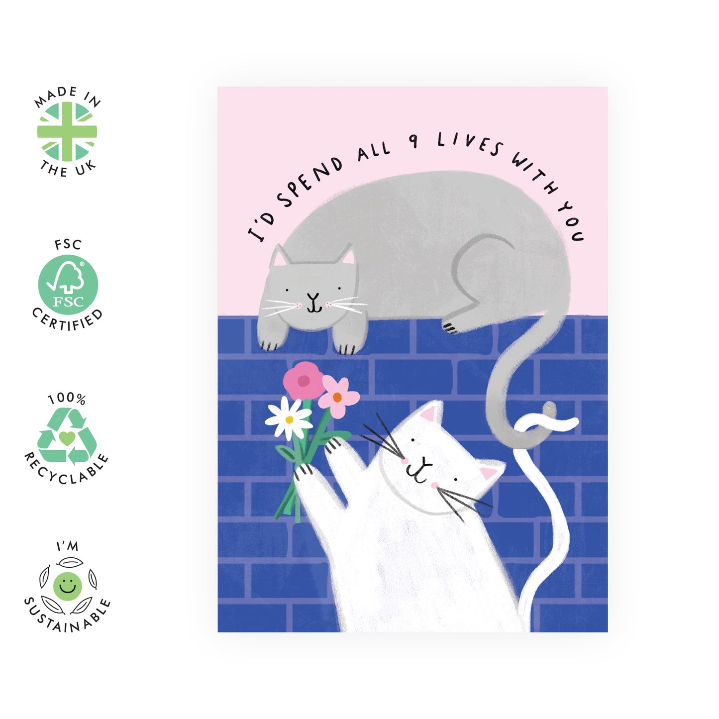 Cats & Flowers Anniversary Card - '9 Lives Cats' - Valentines Gifts for Wife, Husband, Girlfriend, Boyfriend, Partners, Couples - Sweet Messages - Comes with Fun Stickers