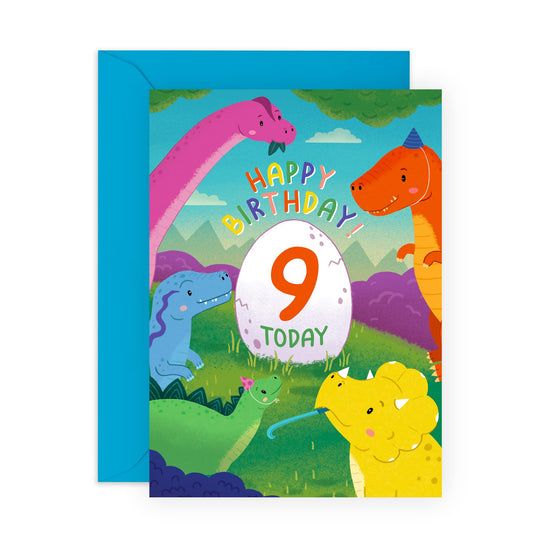 Fun Birthday Card For Boys - Dino Birthday Card - Ninth Birthday Cards Son - Kids Birthday Greeting Cards - Nine Years Old Nephew - Birthday Cards Children - Comes With Stickers - By Central 23