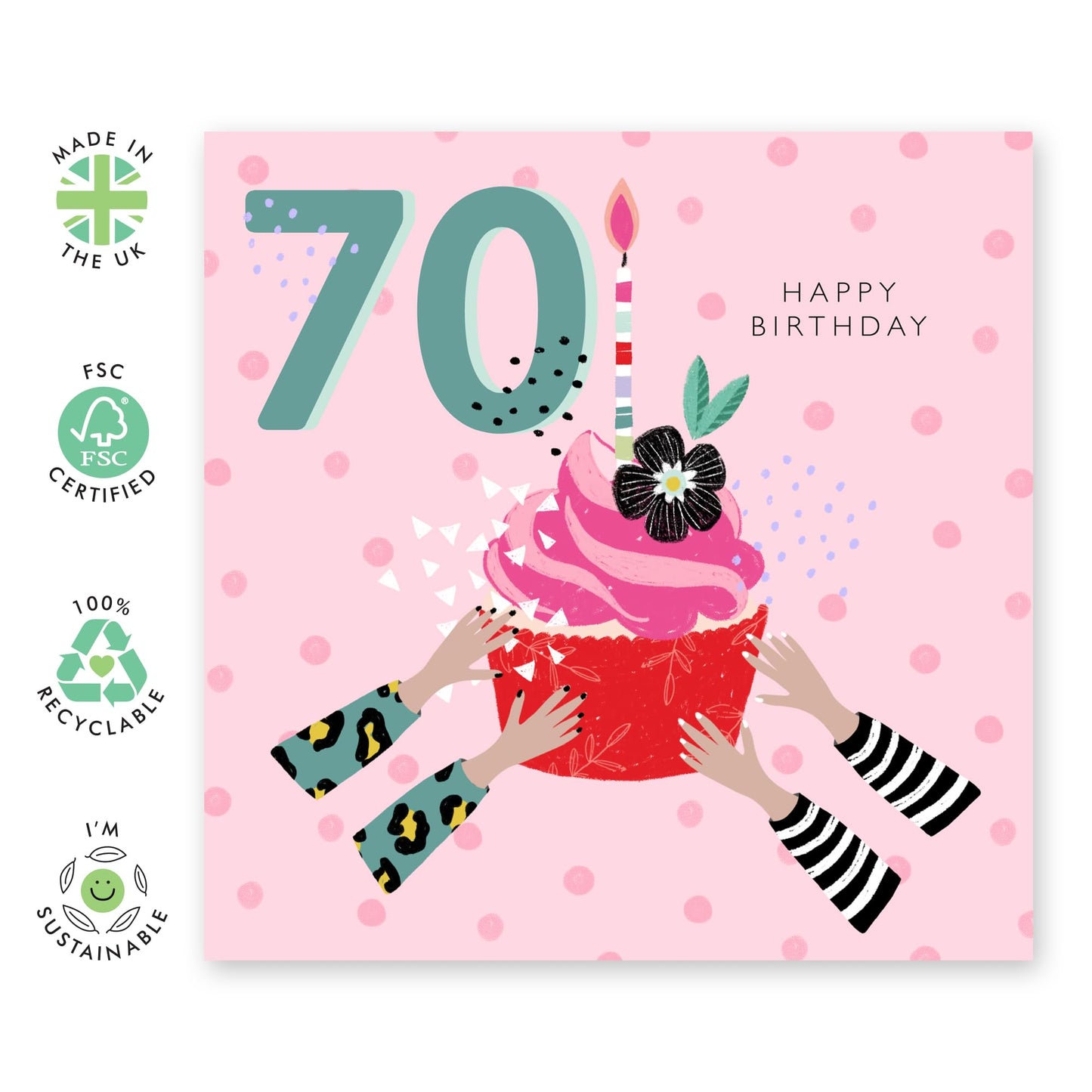 Pink Birthday Card For Women 70th Birthday - Cupcake - Happy Birthday Cards For Mum Aunt Nan Wife - 70 Year Old - Pretty Milestone Cards - Comes With Stickers - By Central 23