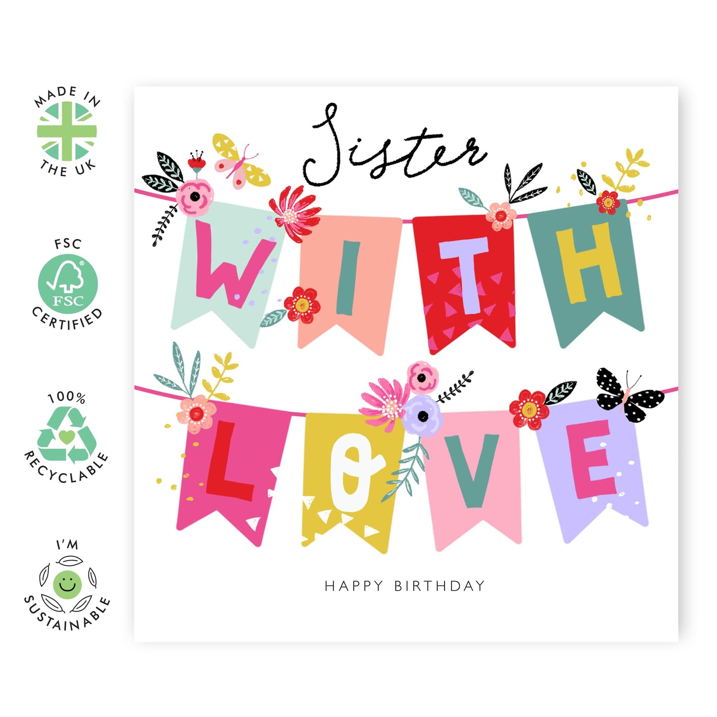 Sister Birthday Cards - With Love - Elegant Greeting Cards And Envelopes - Pretty Flower Butterflies Gifts Presents For Her - Love Cards For Women Female - Comes With Fun Stickers By Central 23