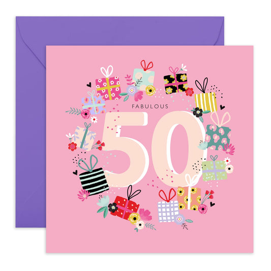 50th Floral Birthday Card For Her - Fabulous 50th Presents - Mummy Birthday Card - Gift For Wife Mum - Happy Fiftieth Birthday Greeting Card Female Friends - Comes With Fun Stickers By Central 23
