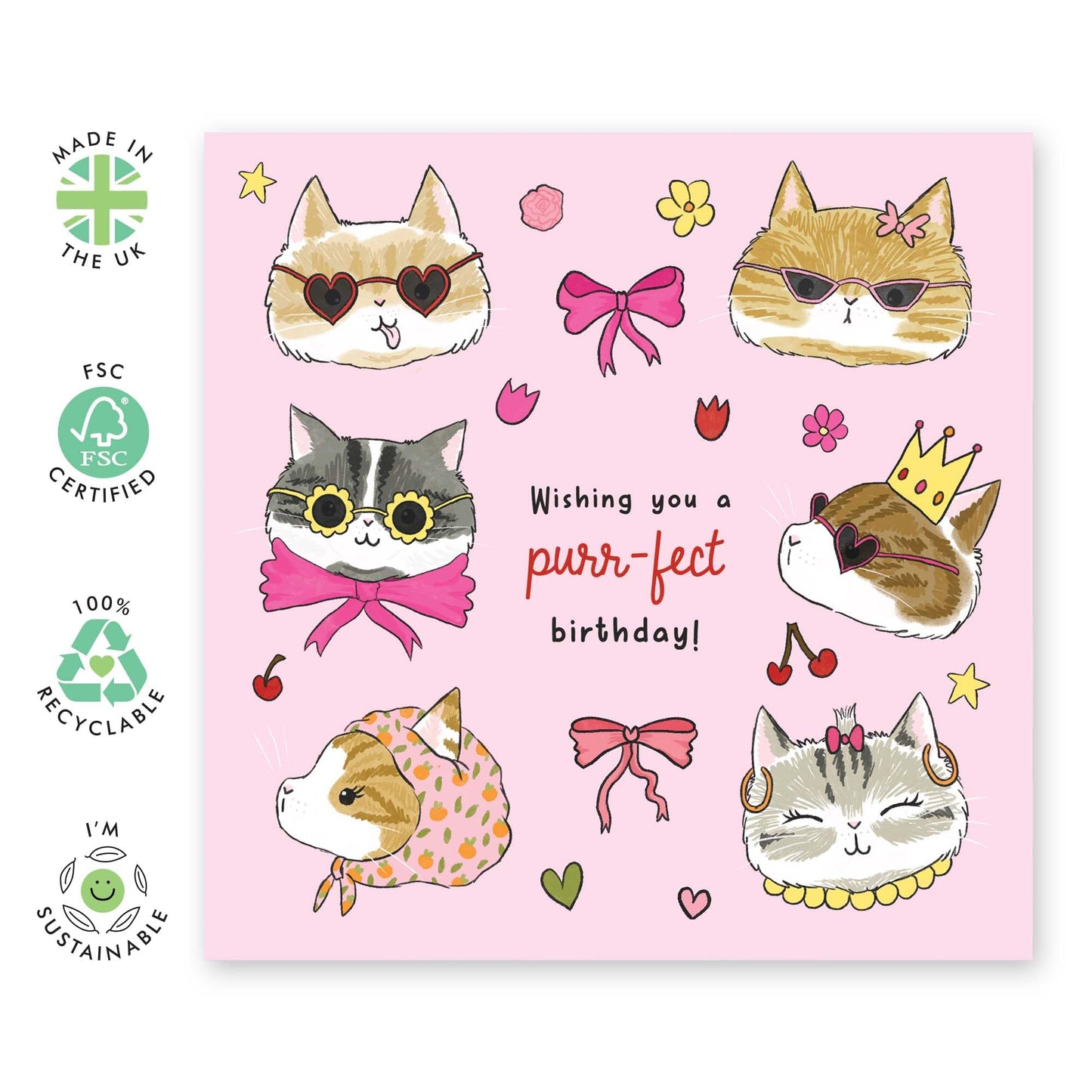 Birthday Card - 'PINK BOWS CATS' - Perfect for Celebrating Cat Lovers on Their Special Day - Ideal for Her, Friends, Family, or Anyone Who Adores Feline Friends - Comes With Stickers By Central 23